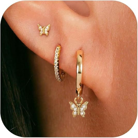 3 Pairs Small Gold Hoop Earring, 14K Gold Plated Earring Stacks Butterfly Heart Star Moon Bow Fou... | Amazon (US)