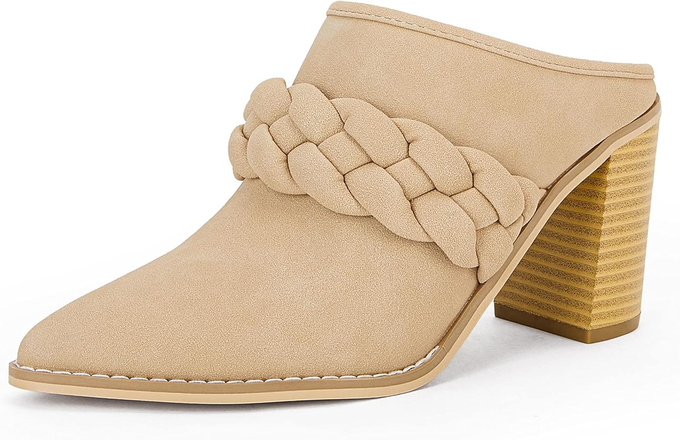 Womens Chunky Block Heel Mules Braided Strap Backless Booties Slip On Closed Pointed Toe Shoes | Amazon (US)