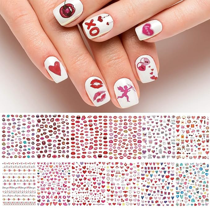 Adurself 12 Sheets Valentine's Day Nail Art Decals Heart Lips 3D Nail Self-Adhesive Stickers Rose... | Amazon (US)
