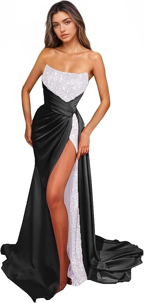 Sparkly Sequin Mermaid Prom Dresses with Slit Strapless Satin Formal Evening Gowns for Women | Amazon (US)