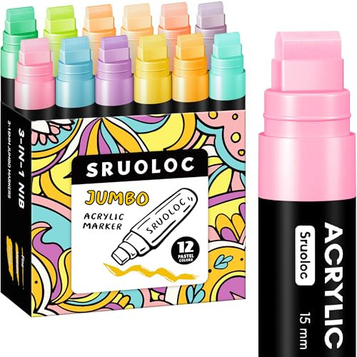 SRUOLOC 12 Pastel Colors Jumbo Markers, 15mm Jumbo Felt Tip, Acrylic Paint Markers for Rock Painting, Poster, Stone, Ceramic, Glass, Wood, Canvas | Amazon (US)