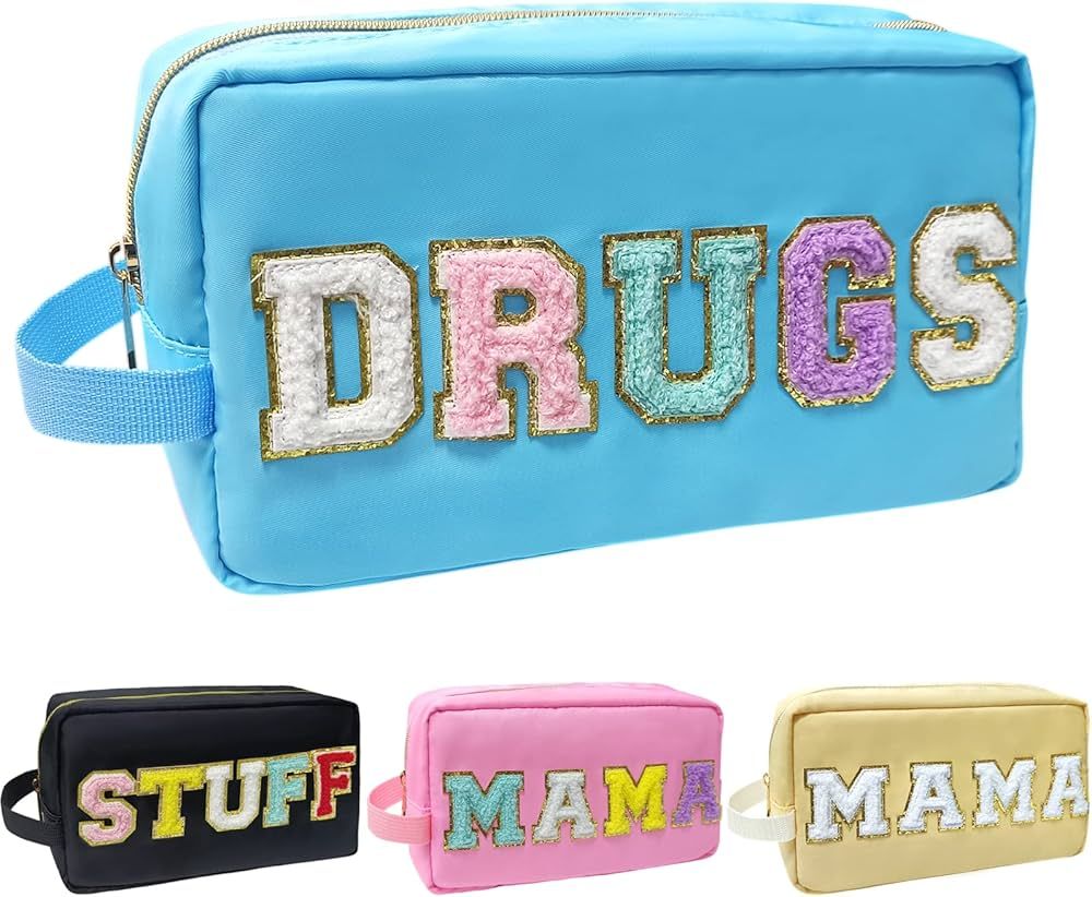 Preppy Makeup Bag Stuff Nylon Cosmetic Bag with Chenille Letter Patch Travel Large Toiletry Bag O... | Amazon (US)