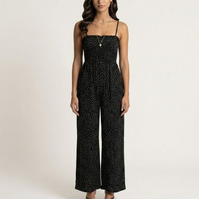Anna-Kaci Women's Sleeveless Polka Dot Wide Leg Jumpsuit with Spaghetti Straps Smocked Bodice Relaxed Fit - Large, Black | Target