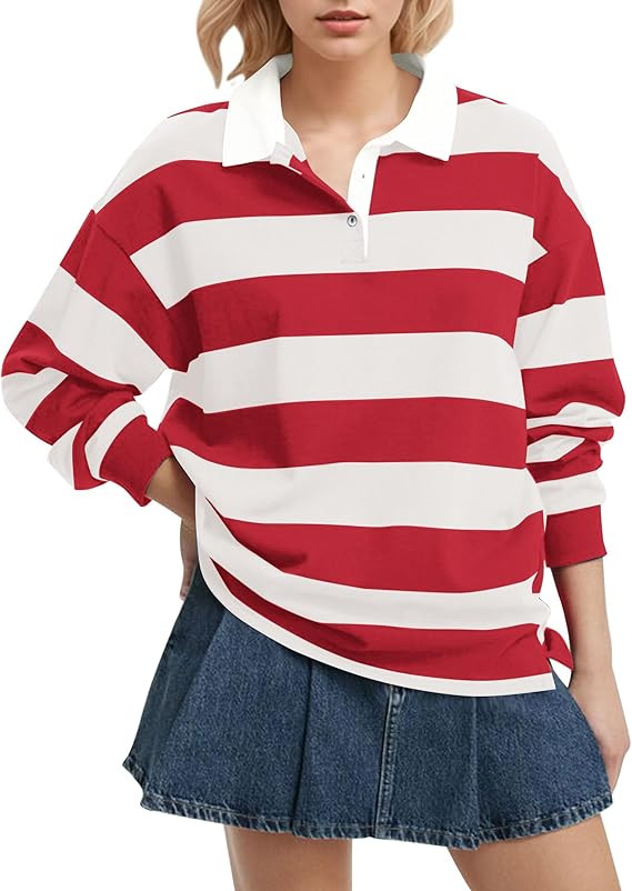 Meladyan Rugby Shirt Women Polo Striped Sweatshirt Oversized Long Sleeve Lapel V Neck Pullover To... | Amazon (US)