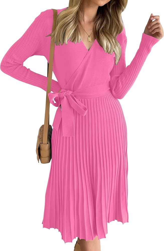 ZESICA Women's 2024 Fall Long Sleeve Wrap V Neck Ribbed Knit Pleated A Line Pullover Sweater Dres... | Amazon (US)