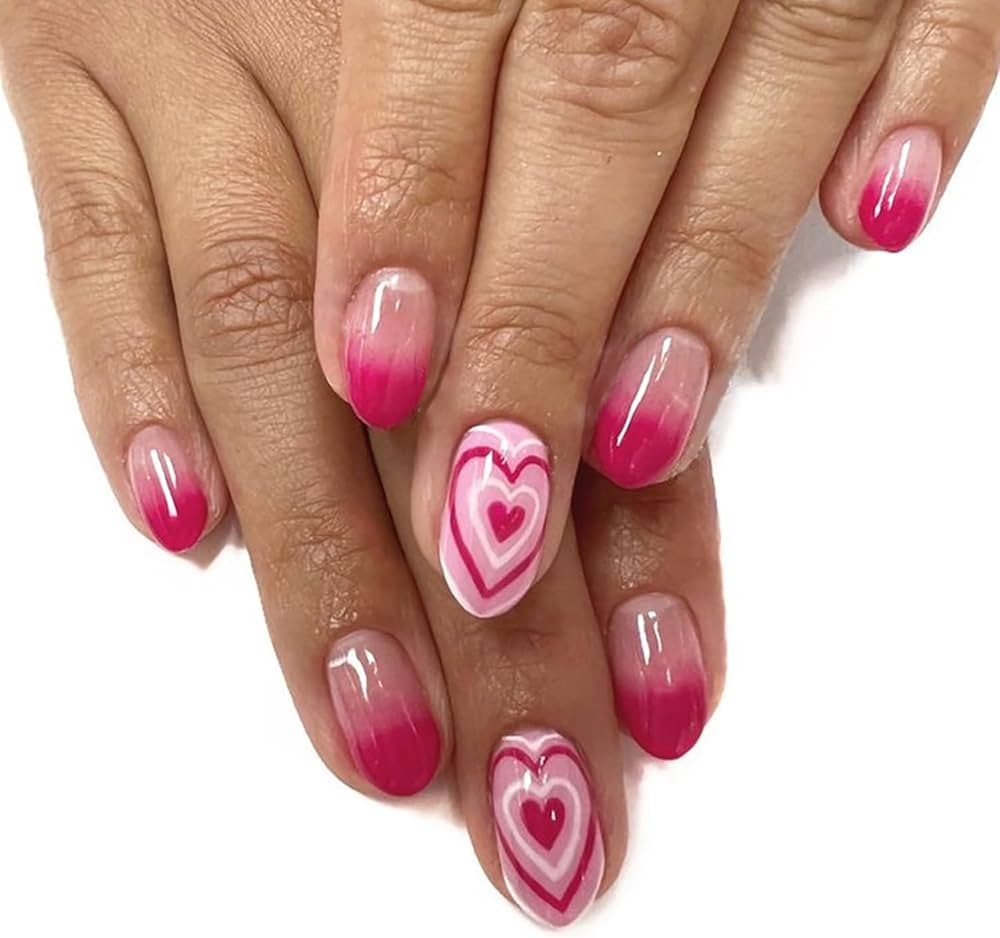 Valentine Press on Nails Short Round Fake Nails Pink Gradient False Nails Pink White Heart Acryli... | Amazon (US)