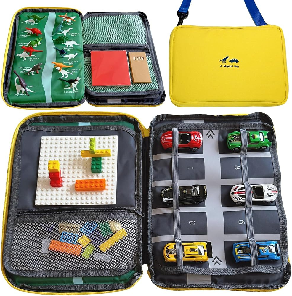 Portable kids toys storage bag with alloy toy cars, simulated dinosaurs, building blocks, base pl... | Amazon (US)