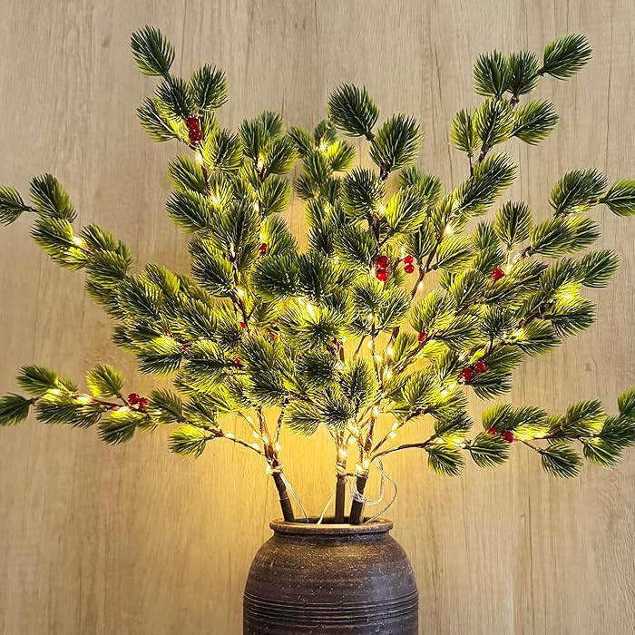 3 PCS Christmas Lighted Branches for Vases, 147 Lights with Pine Needles and Red Berries, Battery... | Amazon (US)