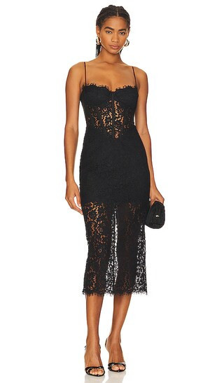 Olina Corset Midi Dress in Black Lace Dress Black Midi Dress Black Corset Dress | Revolve Clothing (Global)
