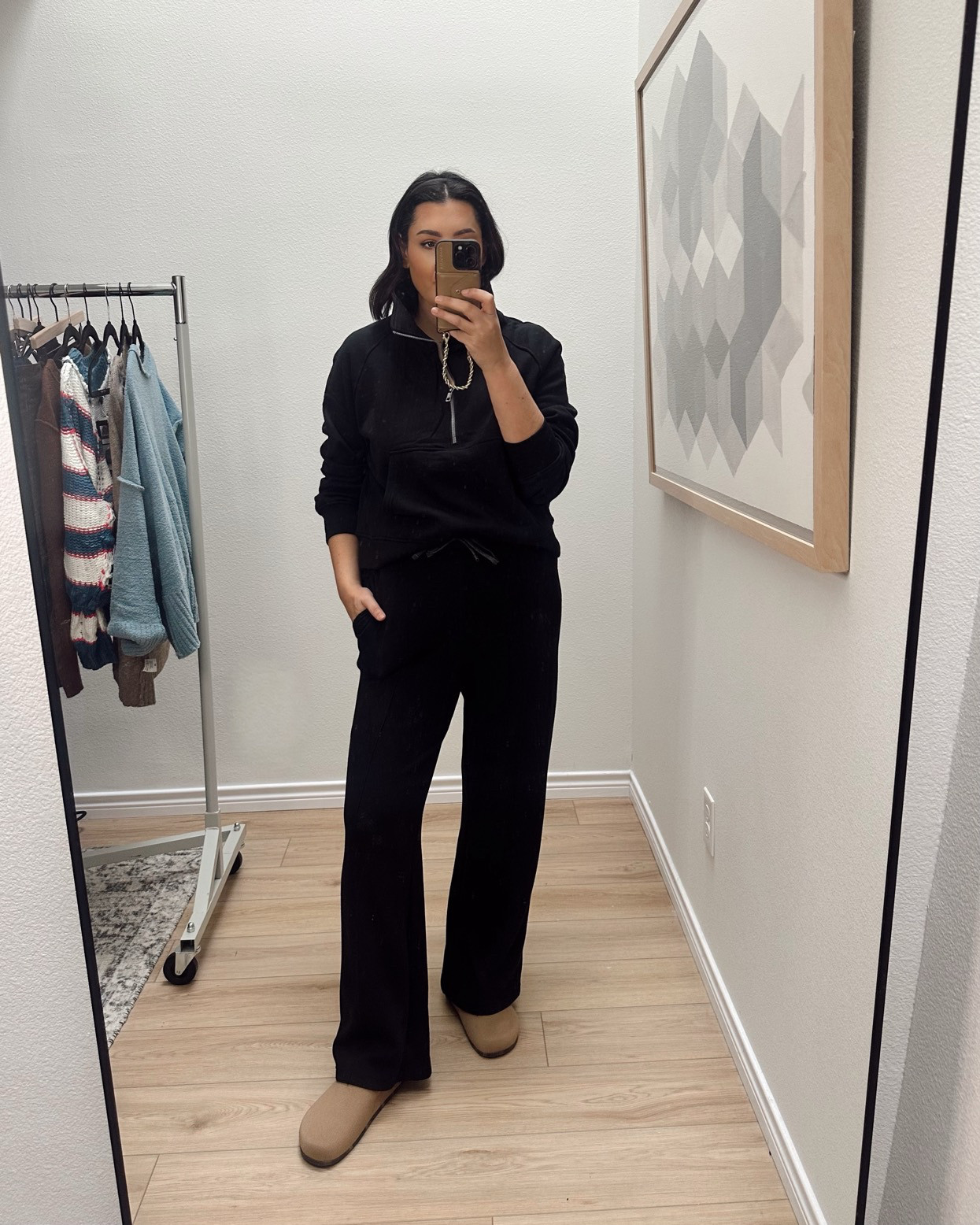 I'm in the large of the sweatshirt but it runs BIG! Size down for a closer fit. A medium would be my best fit .

I'm in the large of the Varley pants. TTS. 

 