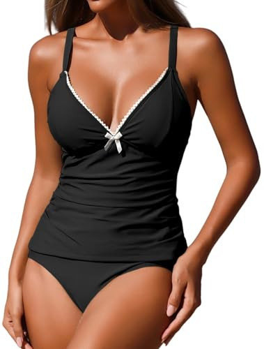 ZAFUL Women's 2 Pieces Tankini Swimsuits Bow Decor Lace up V Neck Tummy Control High Waisted Bikini Swimsuits (2-Black, M) | Amazon (US)