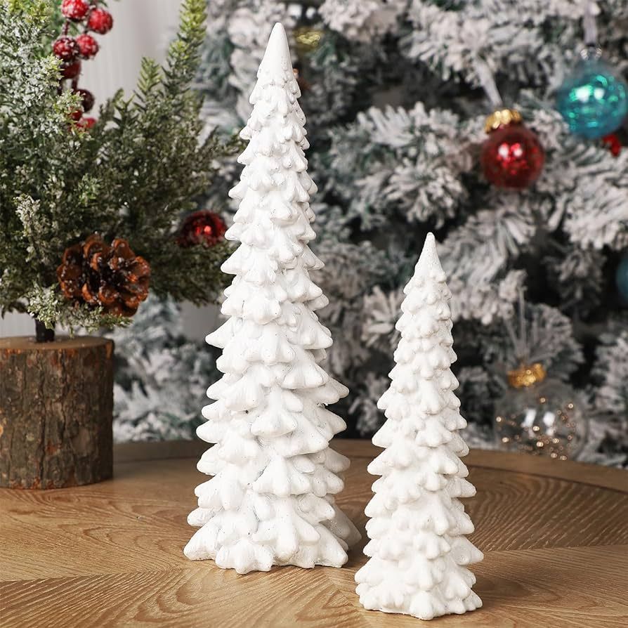 Juegoal Christmas Tree Table Decorations Set of 2, 9.5" White Glittered Xmas Pine Trees, Winter S... | Amazon (US)