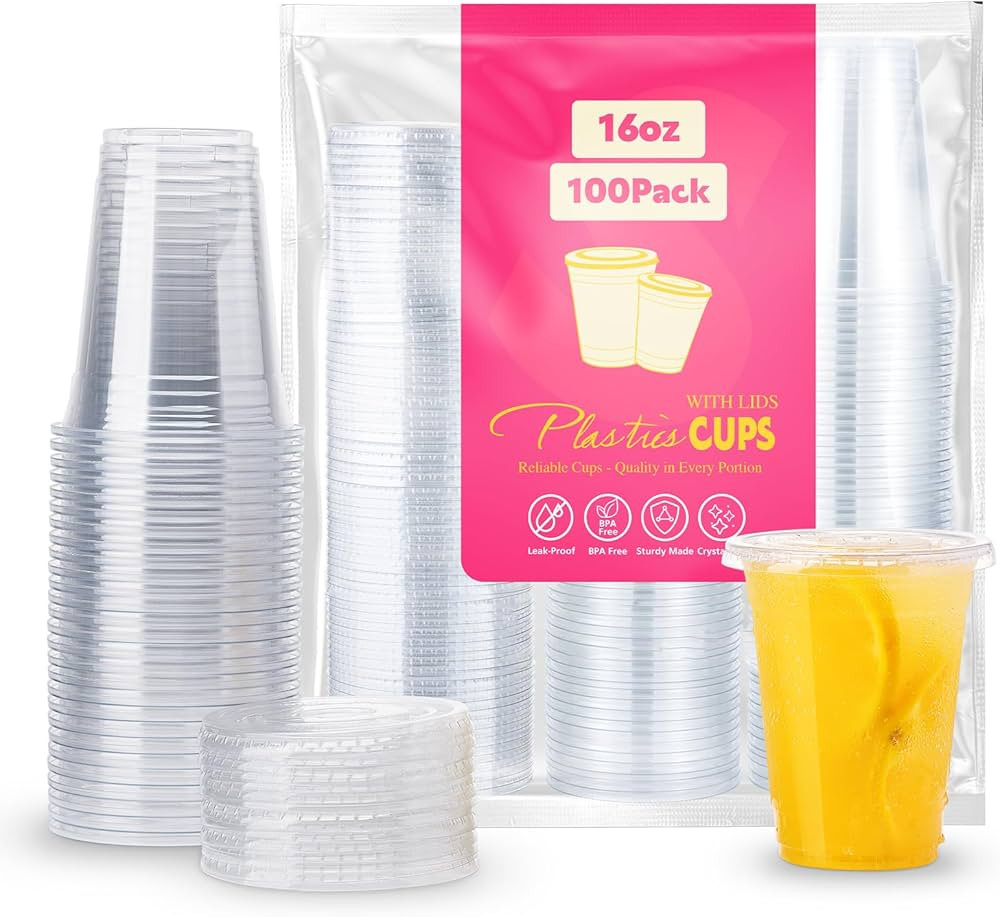 SOOMER 100 Sets 16 oz Clear Plastic Cups with Flat Lids, Disposable Cups for Iced Coffee, Juice, ... | Amazon (US)