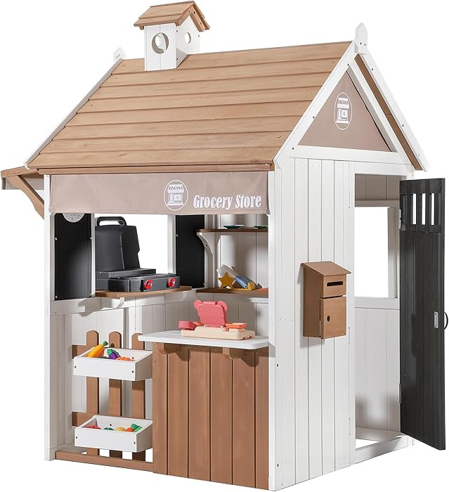2-in-1 Kids Outdoor Playhouse, Cedar Wooden Grocery Store and Backyard Grill Station, Includes Pl... | Amazon (US)