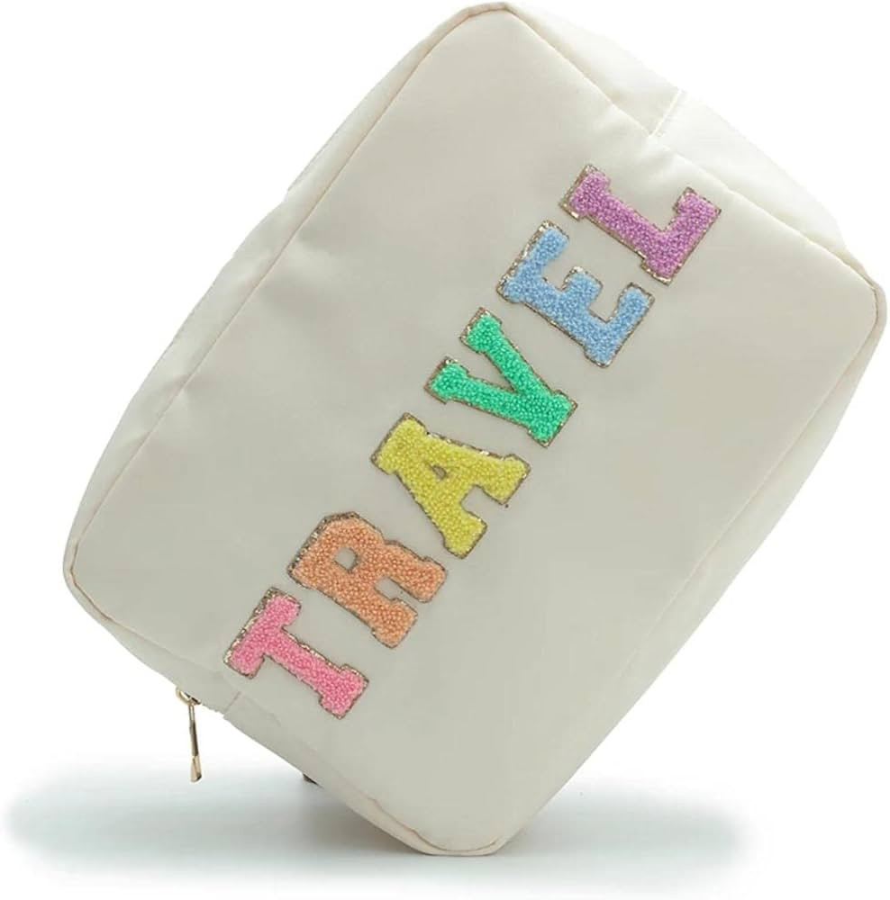 DUPER Nylon Preppy Makeup Bag Organizer with Chenille Letter Patch, Skin Care Travel Toiletry Bag... | Amazon (US)