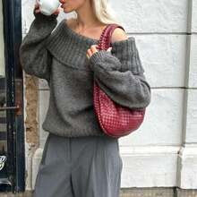 New Women's Fashionable Solid Color Casual Long-Sleeved Folded Sexy Off-Shoulder One-Line Collar Design Pullover Sweater | SHEIN