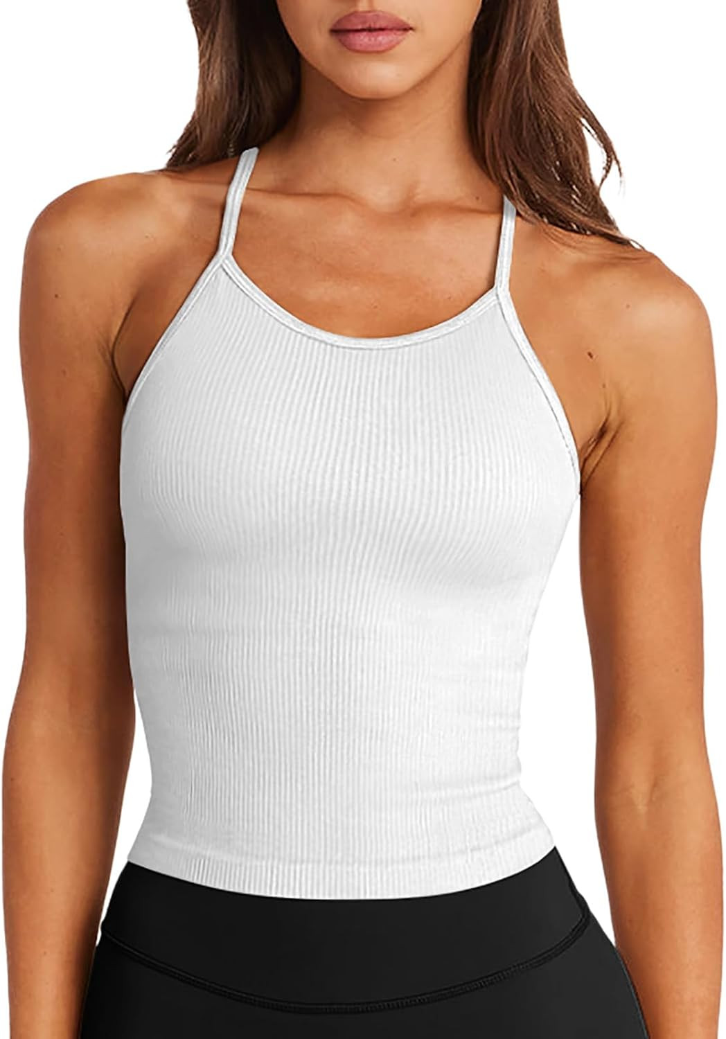 LASLULU Womens Sports Bra Seamless Long Tank Spaghetti Strap Workout Bra | Amazon (US)