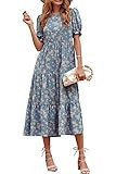 PRETTYGARDEN Women's Summer Casual Boho Dress Floral Print Ruffle Puff Sleeve High Waist Midi Bea... | Amazon (US)
