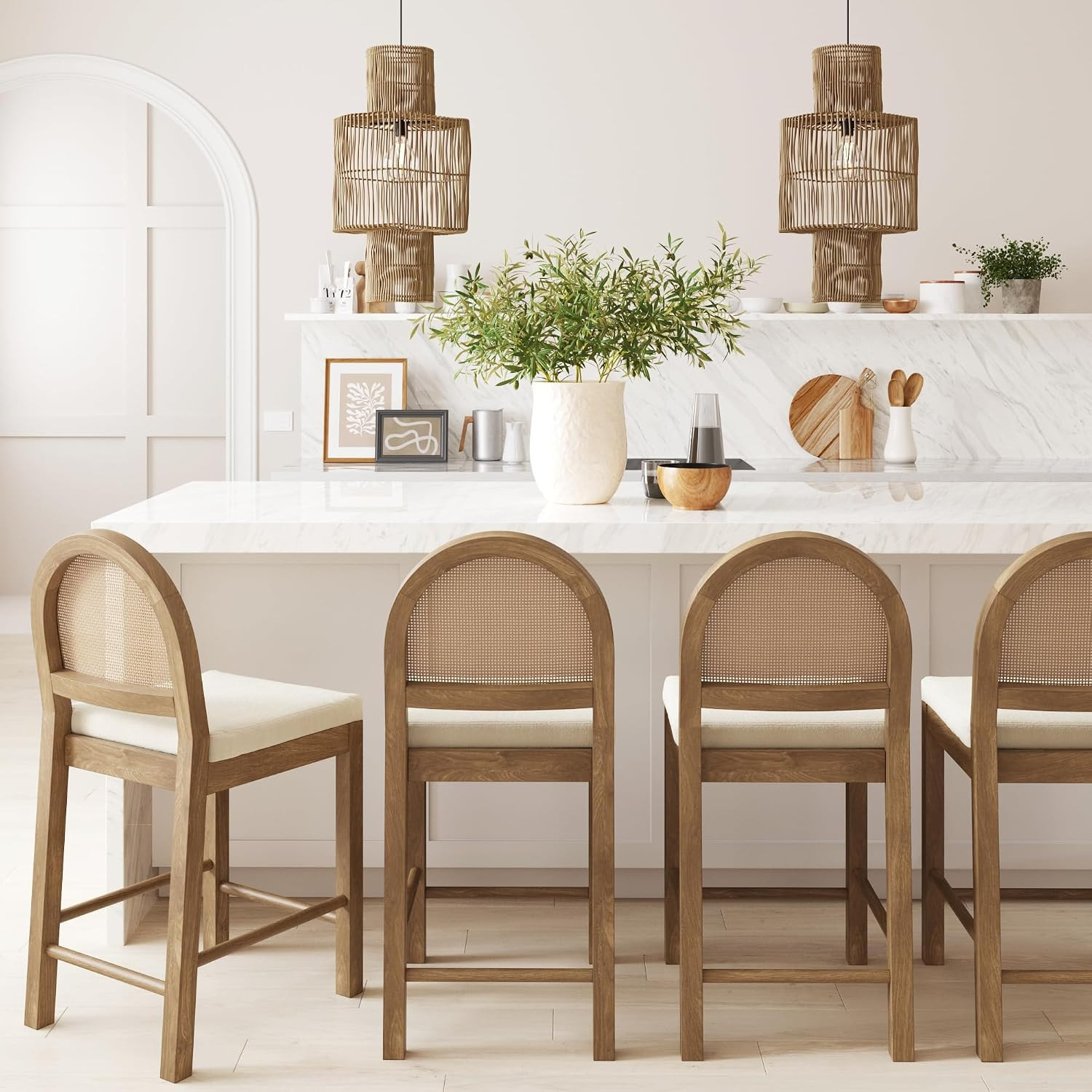 Nathan James Bailey Boucle Upholstered Rattan Bar Stool, Counter Height Stool with Natural Rattan Woven Back For Kitchen Island, Light Brown, Set of 4 | Amazon (US)