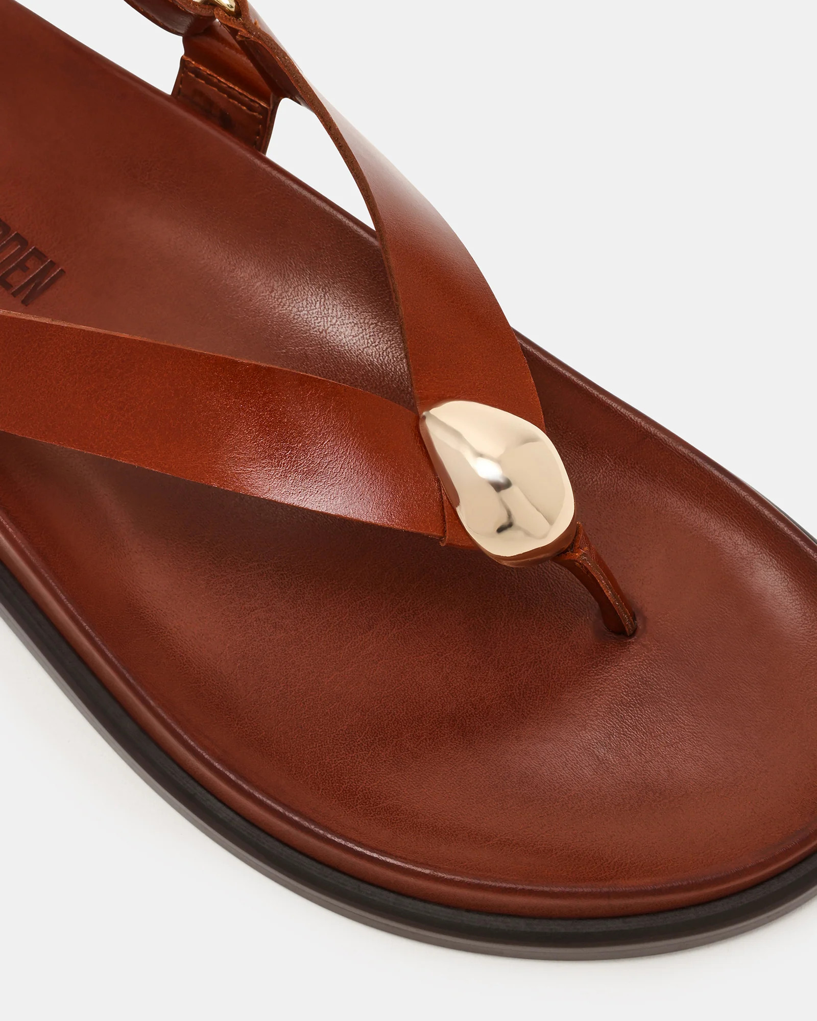 ELVIA Brown Leather Thong Gold-Detail Slingback Footbed Women's Sandal | Steve Madden (US)
