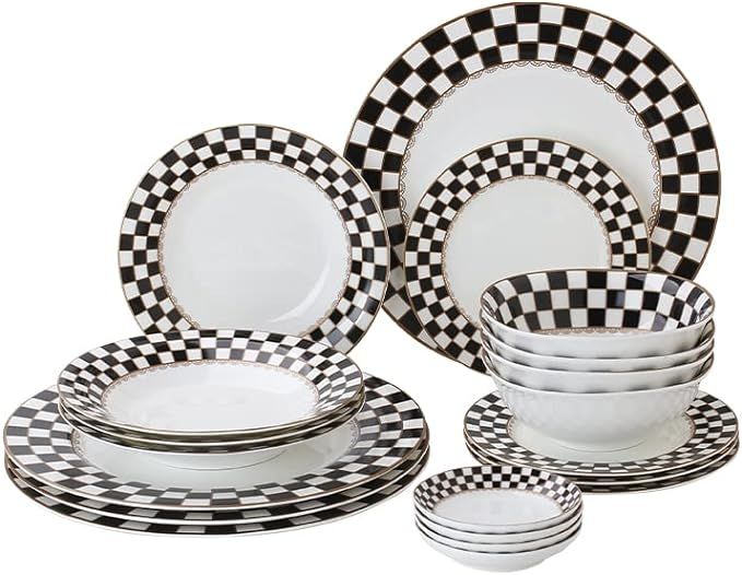 Porlien Checker Pattern 20-piece Round Dinnerware Set for 4, Bone China | Amazon (US)