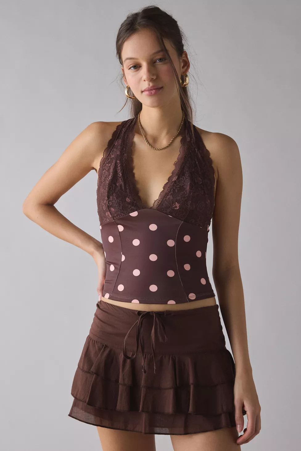 UO Luna Mixed Lace Trim Plunge Halter Top | Urban Outfitters (US and RoW)