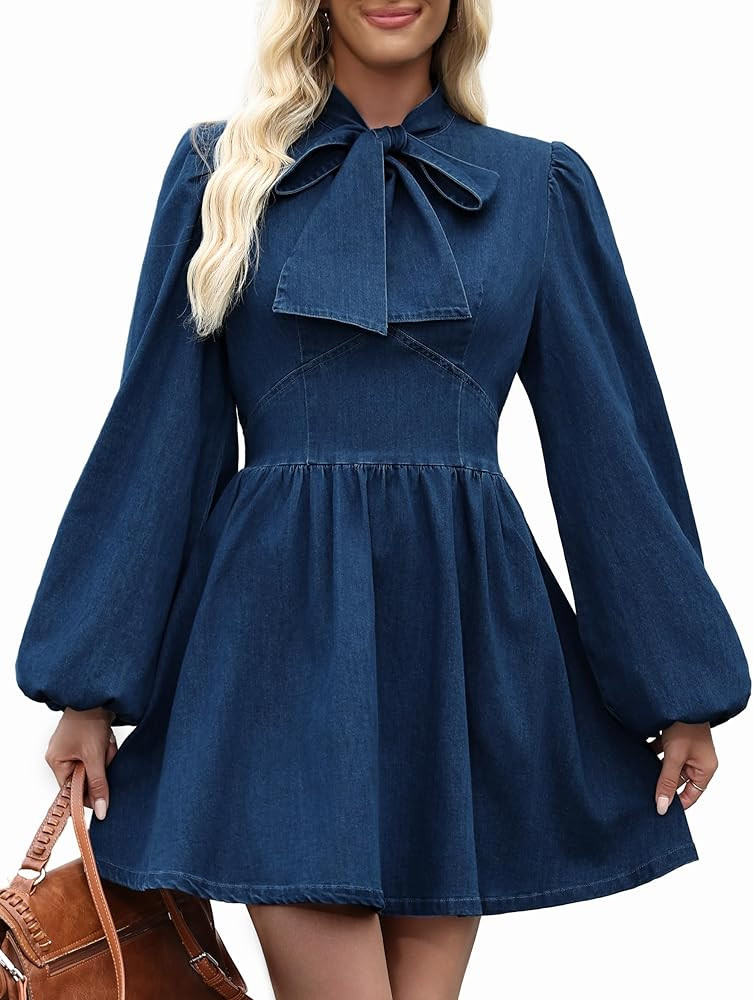 Denim Dress for Women, Puff Long Sleeve Jean Dresses Bow Tie Babydoll Denim Mini Dress | Amazon (US)
