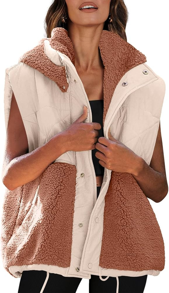 Nirovien Womens Oversized Quilted Vest Color Block Fleece Vest Button Down Padded Outwear Removea... | Amazon (US)