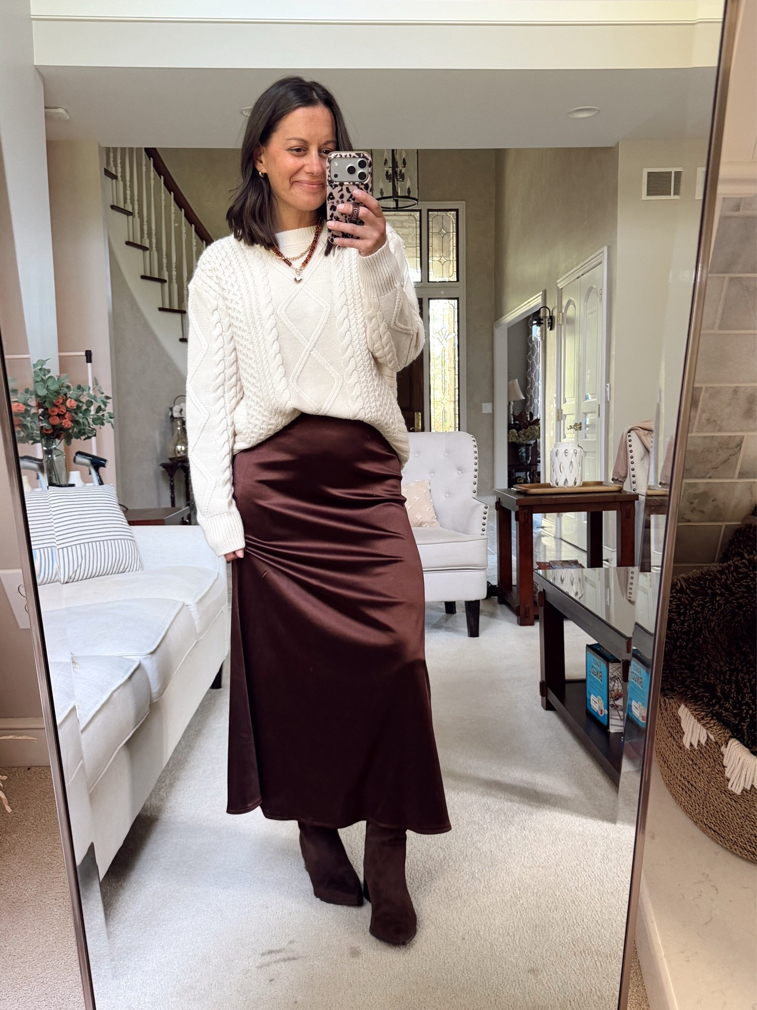 Amazon satin skirt runs true to size, cable knit sweater runs big - wearing a small in both.

Fall family photo outfit idea, Thanksgiving outfit.