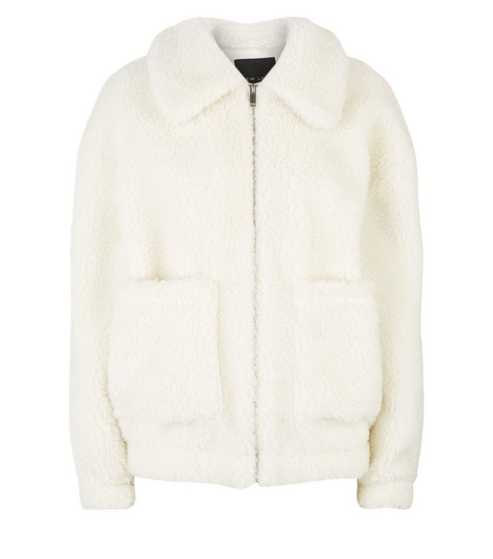 White Teddy Borg Pocket Front Jacket  | New Look | New Look (UK)