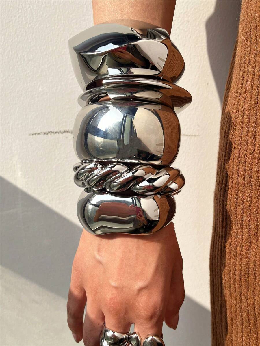 Exaggerated Wide Geometric Bracelets Sliver Color Asymmetrical Chunky Jewelry Autumn Winter Stack... | SHEIN