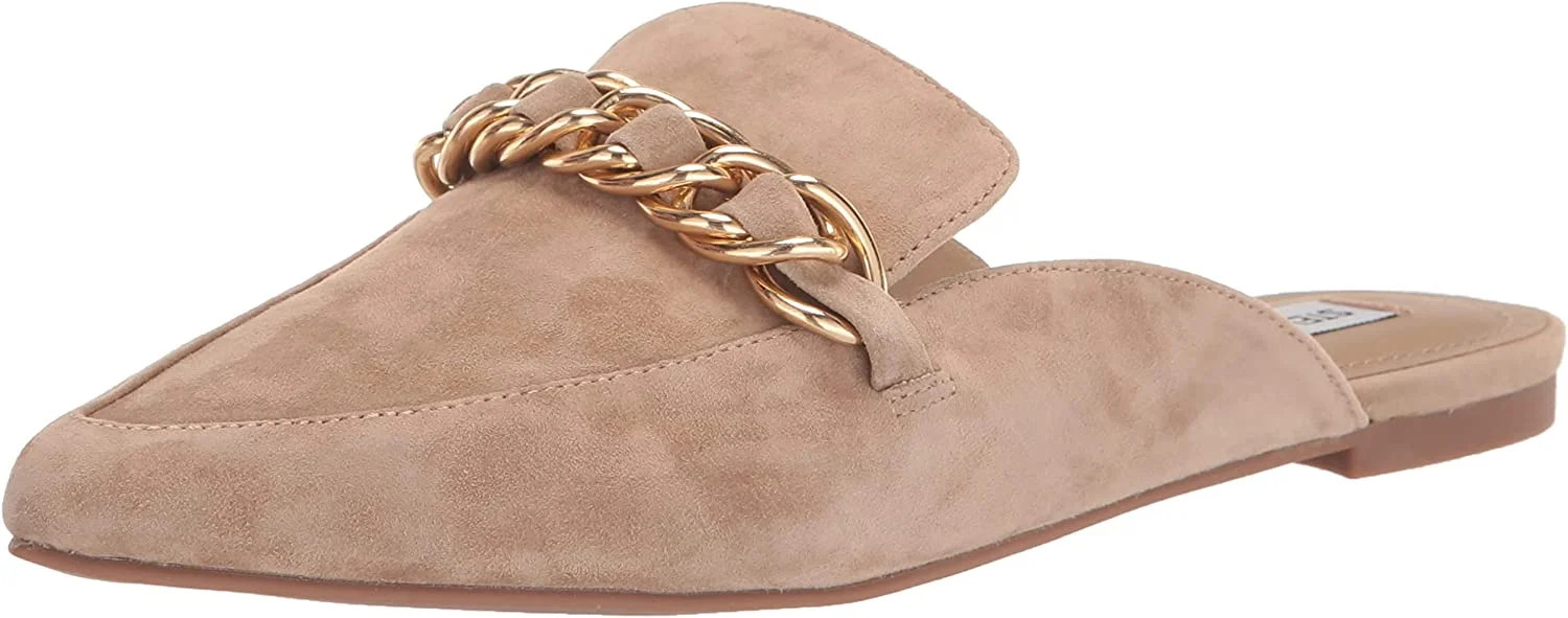 Steve Madden Faine Tan Suede Pointed Toe Slip On Chain Detail Flat Fashion Mules (Tan Suede, 7) | Walmart (US)