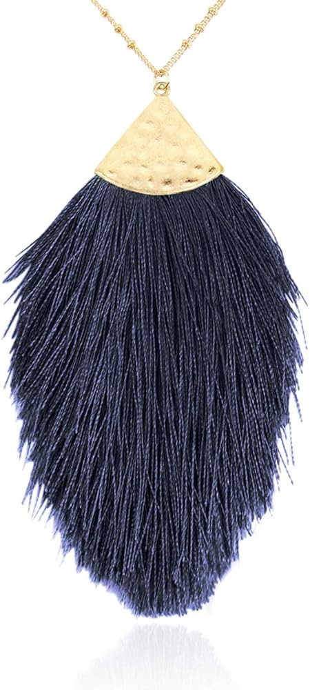 RIAH FASHION Antique Bohemian Silky Thread Fan Tassel Statement Necklace - Vintage Gold Feather S... | Amazon (US)