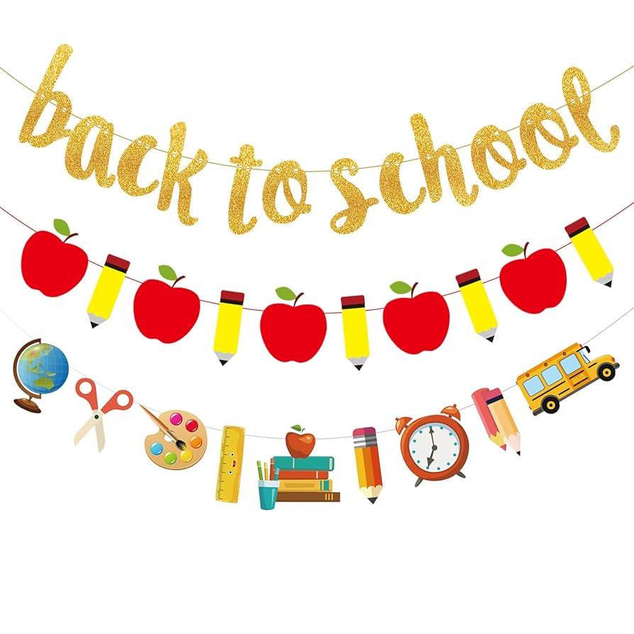 3Pcs Gold Glitter Back to School Banner Pencil Apple Ruler Bus Garland, First Day of School Banne... | Amazon (US)