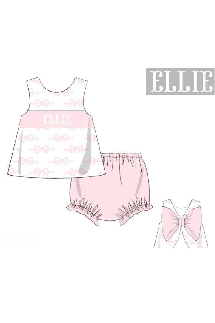 Pre-Order Hand Smocked Custom Name Pink Bow Knit Diaper Set | The Smocked Flamingo