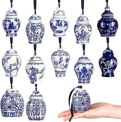 12 Pcs Christmas Chinoiserie Ornaments Mini Ginger Jar Ornaments Blue and White Christmas Hanging... | Amazon (US)