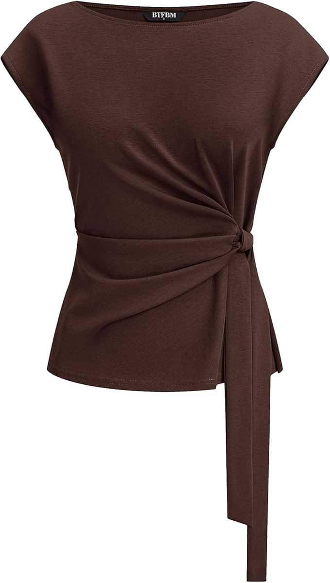 BTFBM Womens Tops Summer 2026 Cap Sleeve Crew Neck Tie Waist Blouses Dressy Casual Business Work ... | Amazon (US)