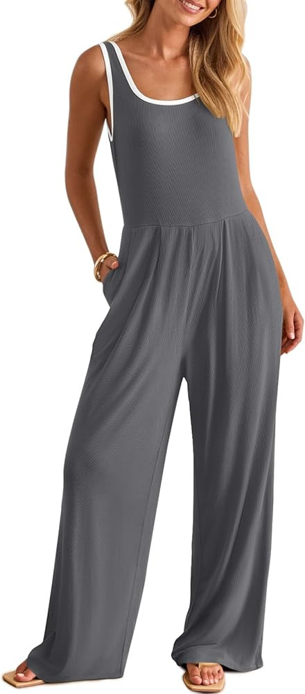 MEROKEETY Women's Summer Casual Sleeveless Jumpsuits Ribbed Knit One Piece Scoop Neck Wide Leg Ro... | Amazon (US)