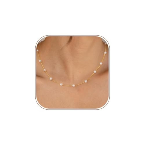 Sewyer Dainty Gold Pearl Necklace for Women 14K Gold Plated Minimalist Pearl Chain Necklace Classic Tiny Beaded Necklace Delicate Everyday Jewelry Gift | Amazon (US)