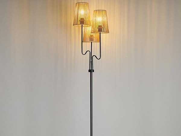 Boho Floor Lamp, 68in. Rattan Floor Lamp with Rattan Shade,3 Light Tree Standing Lamp for Bedroom,Nursery,E26 Socket, Living Room Floor Lamp for Rustic,Coastal, Beach or Bohemian Decor (Black) | Amazon (US)