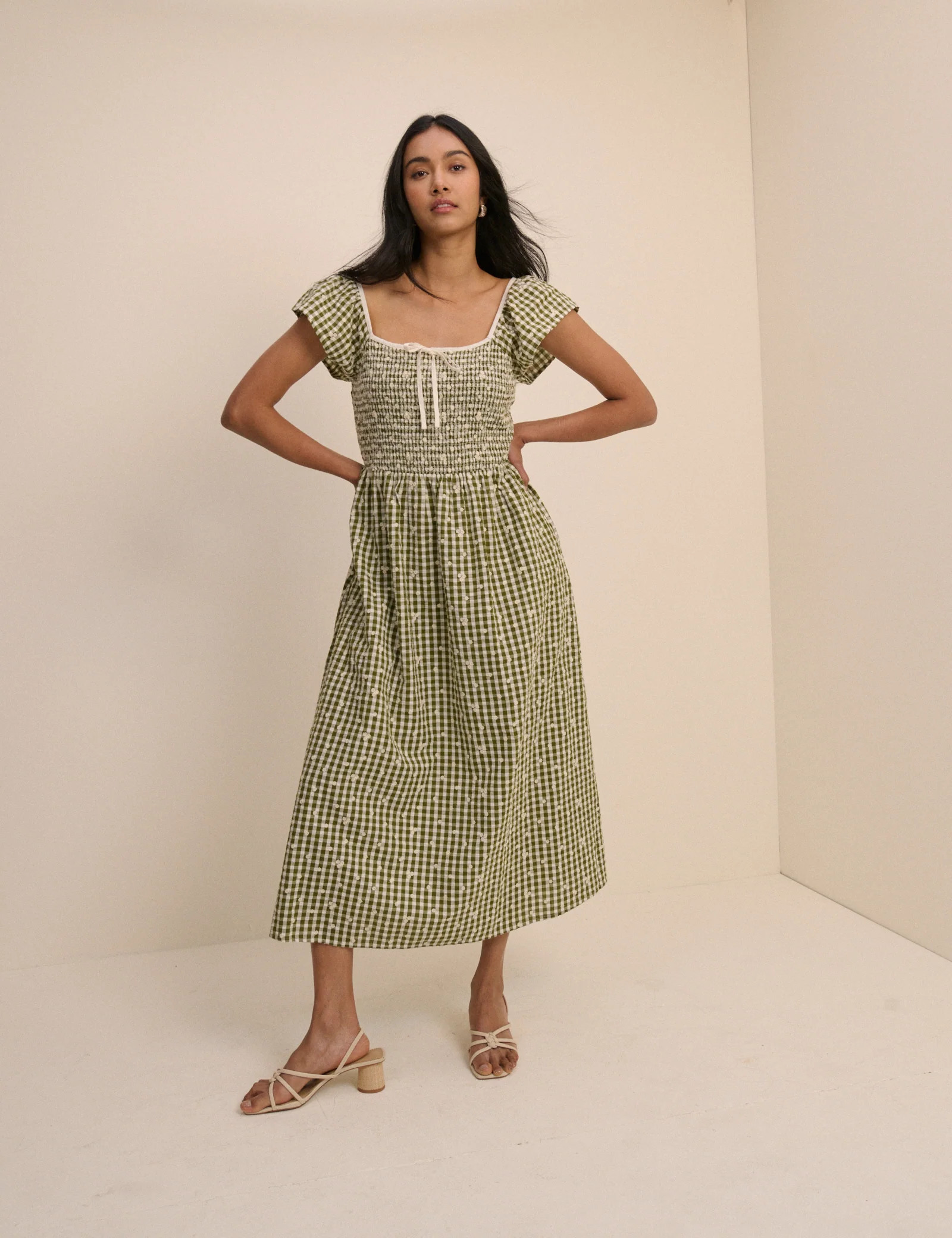 Green Gingham Embroidered Shirred Mindy Midi Dress | Nobody's Child