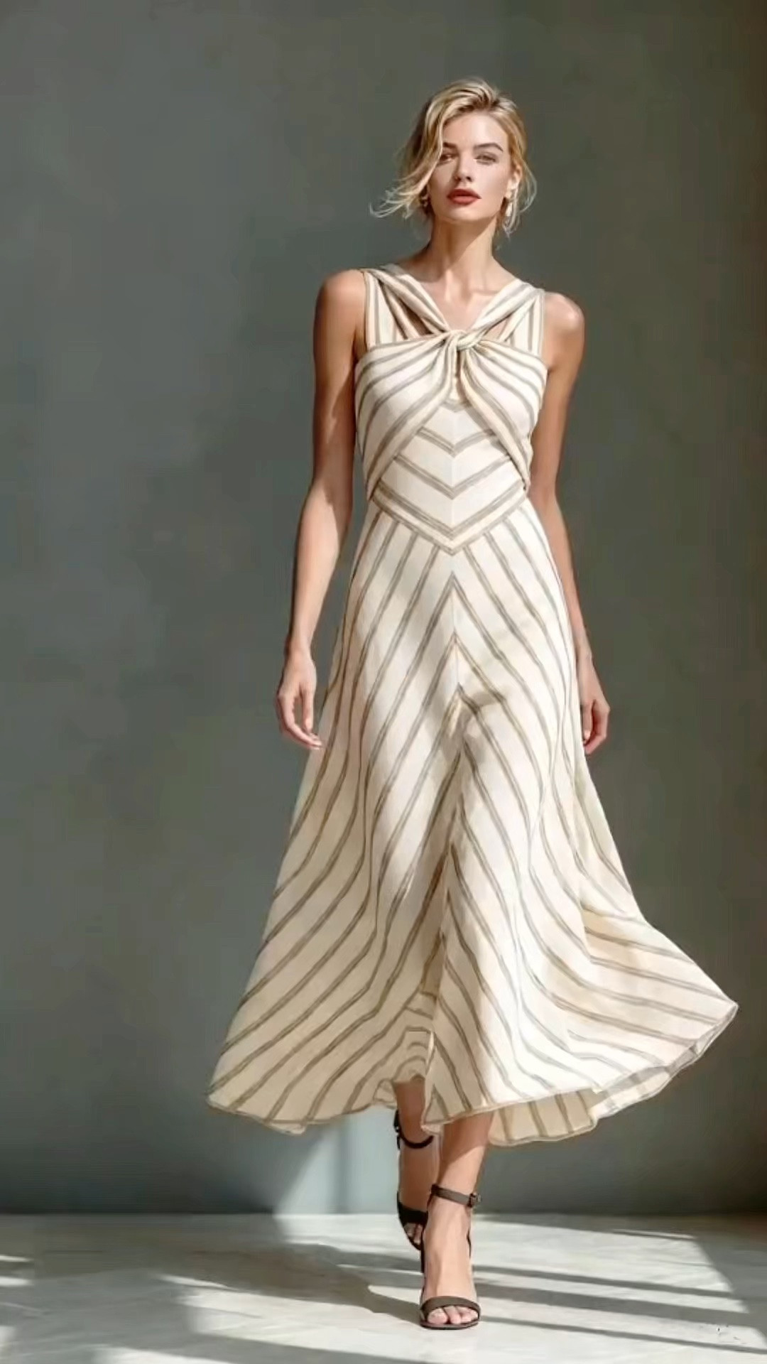 Cream and beige striped linen midi dress with a chic knotted neckline, blending timeless nautical charm with effortless, everyday elegance.

#LTKootd #LTKOver40