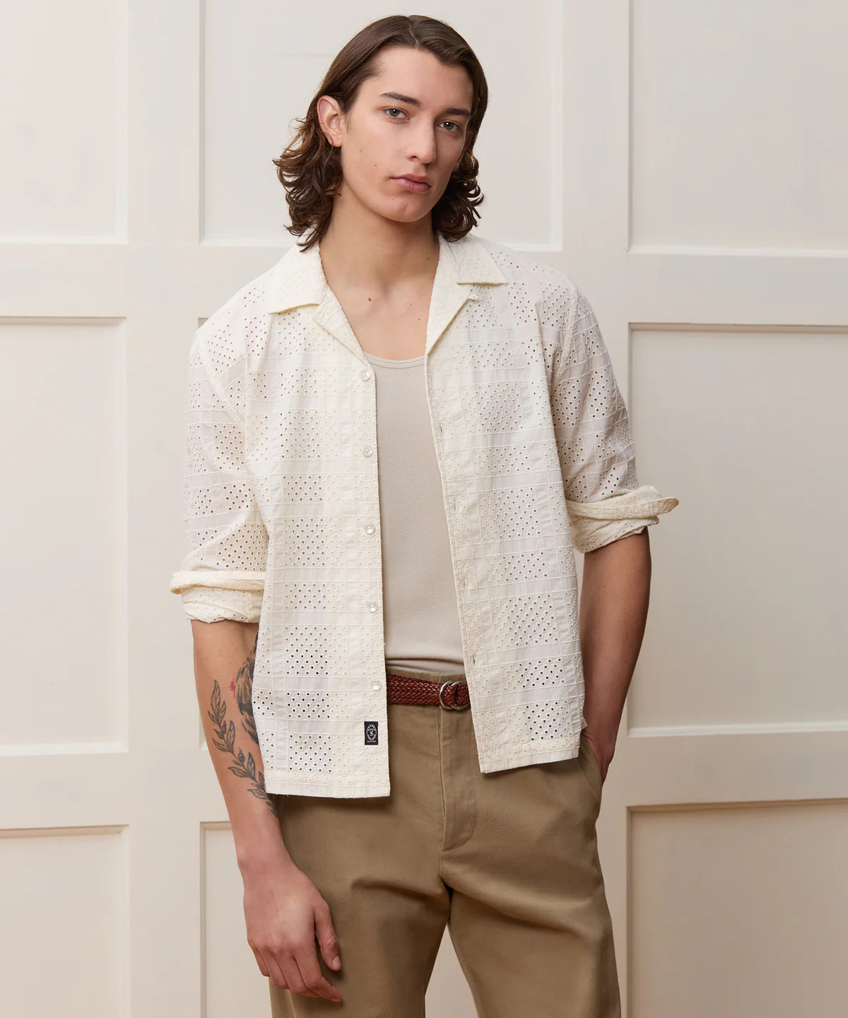 Cropped Embroidered Eyelet Camp Collar Shirt | Todd Snyder