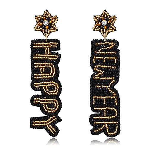 Holiday Earrings Happy New Year Earring for Women Beaded Clock Hat Cocktail Glass Dangle Earrings Handmade Star Tassel Earrings Festive Party Earrings Gifts (Happy New Year 1) | Amazon (US)