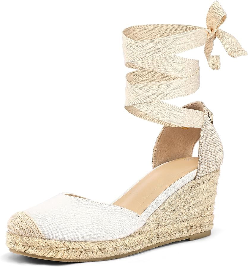 mysoft Women's Espadrille Platform Wedge Sandals Closed Toe Ankle Strap Lace up Summer Shoes | Amazon (US)