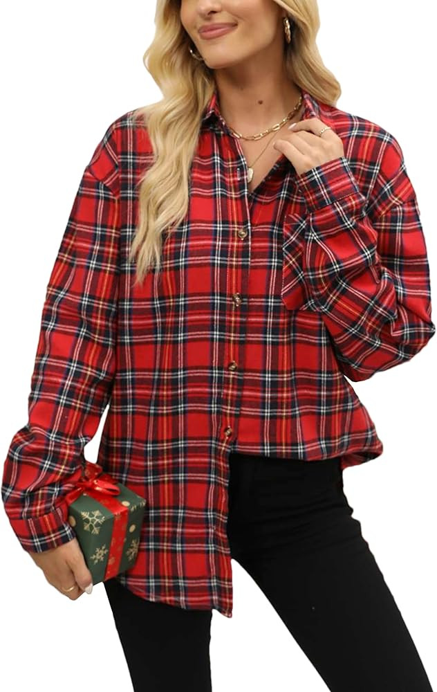 Lumister Oversized Flannel Shirt Women Long Sleeve Plaid Button Buffalo Shirt Blouse Tops with On... | Amazon (US)