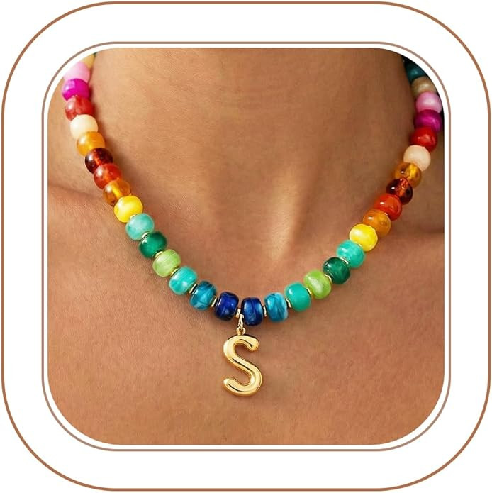 Chunky Colorful Beaded Initial Necklace - 14K Gold Plated Colorful Letter A-Z Necklaces for Women... | Amazon (US)