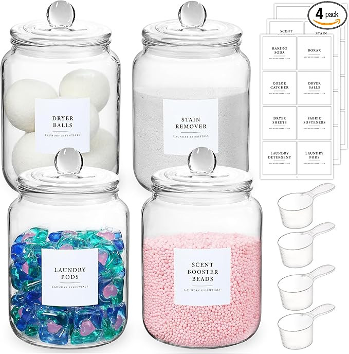 4 Pack Glass Jars with Lids and Labels, Glass Containers for Laundry Room Organization and Storag... | Amazon (US)