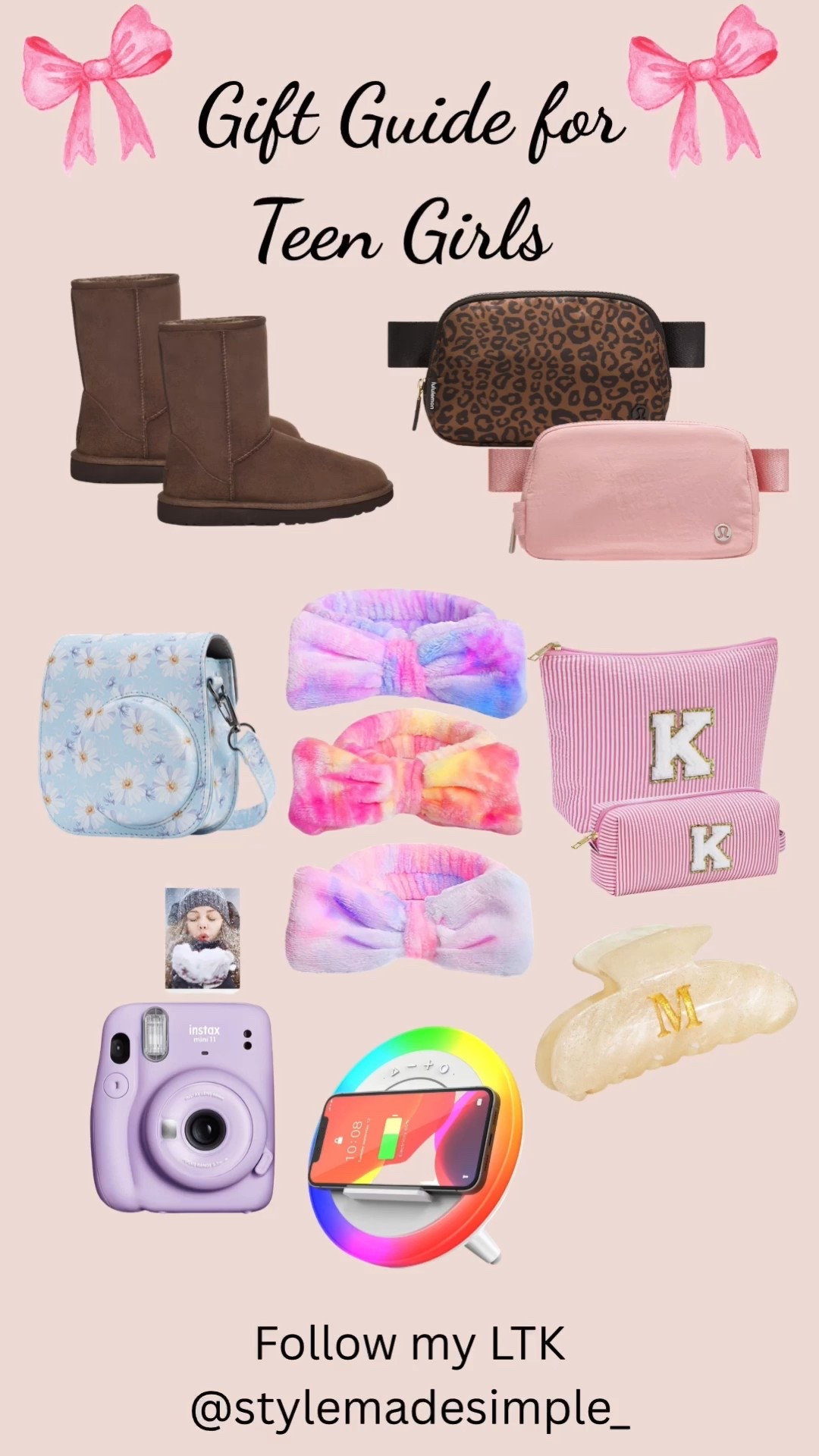 Gift guide for teen girls featuring trendy gifts for teenage girls like UGG brown boots, cute Instax camera, personalized initial pink makeup bag, acrylic initial hair clip, cheetah print Lululemon belt bag, Lululemon Everywhere Bag, cozy spa headband, and a cell phone holder with speakers. These popular teen girl gifts are perfect for birthdays, holidays, and stocking stuffers, offering stylish, must-have accessories and fun tech gifts teen girls love.

#LTKHoliday #LTKFindsUnder50 #LTKGiftGuide