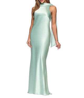 Halter Scarf Neck Satin Sheath Gown | Dillard's